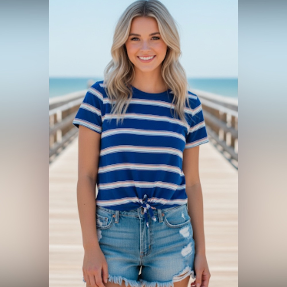 American Eagle Rainbow Striped Blue Top